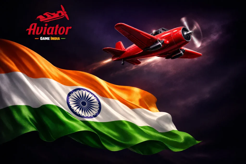 Promotional artwork for Aviator game in India featuring a detailed red propeller plane soaring with motion blur and exhaust trail against a dark starry sky, with the Indian national flag waving prominently in the foreground and the text 'Aviator GAME INDIA' in red and green on the left