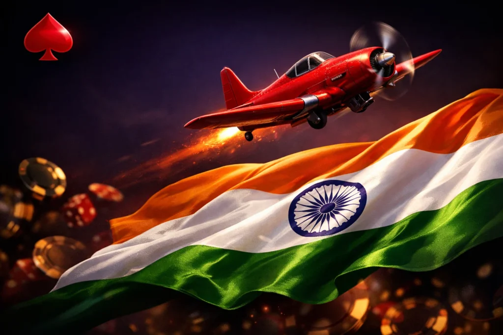Aviator crash game advertisement targeted at India showing a red vintage propeller plane flying dynamically with flames from the engine, over a large waving Indian tricolor flag, surrounded by scattered casino poker chips in the foreground and a glowing red spade symbol in the top left